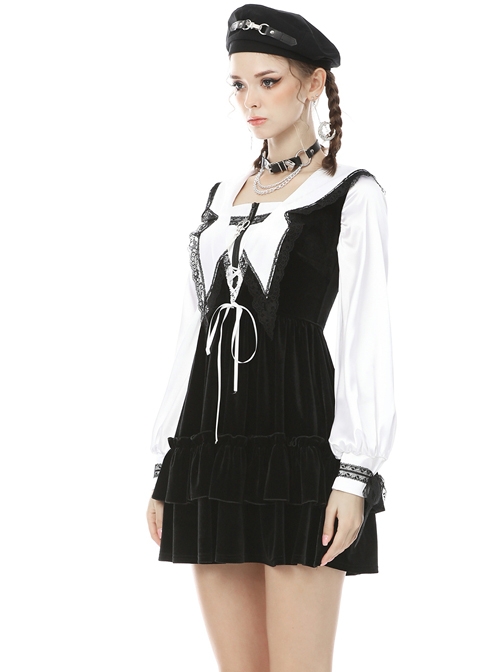 Gothic Academy Black Velvet Deep V-neck Vest Dress