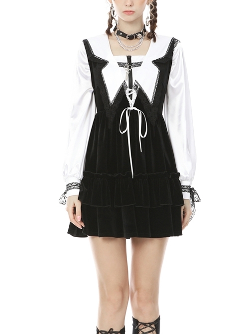 Gothic Academy Black Velvet Deep V-neck Vest Dress