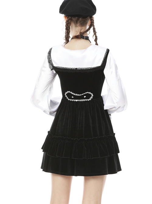 Gothic Academy Black Velvet Deep V-neck Vest Dress