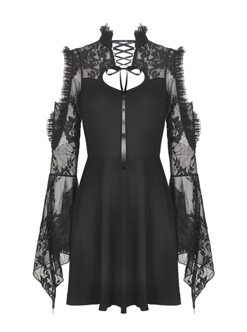 Rock Princess Gothic Black Lace Sexy Shoulder Dress - Magic Wardrobes