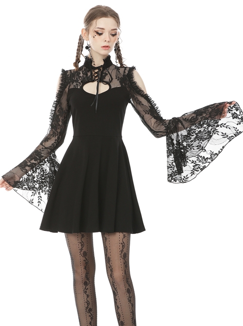 Rock Princess Gothic Black Lace Sexy Shoulder Dress