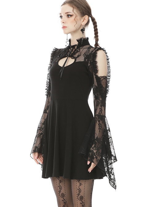 Rock Princess Gothic Black Lace Sexy Shoulder Dress - Magic Wardrobes