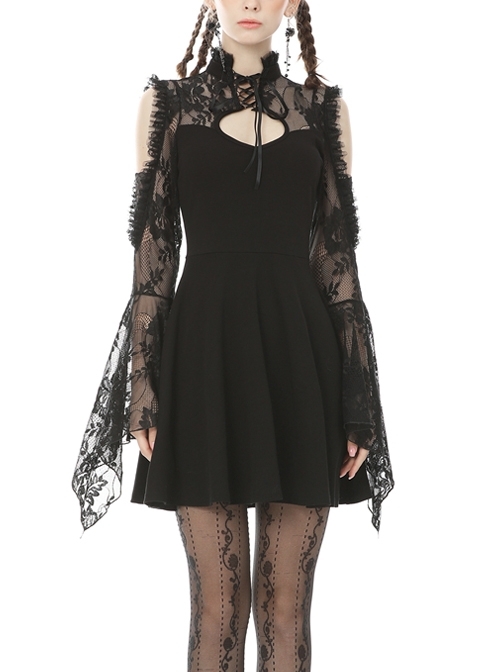 Rock Princess Gothic Black Lace Sexy Shoulder Dress