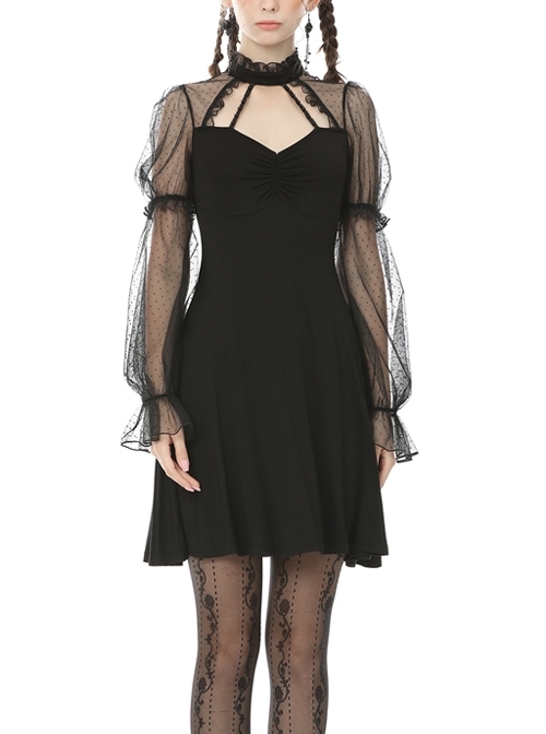 Gothic Sexy Black See-through Mesh Sleeves Splicing Slim Dress