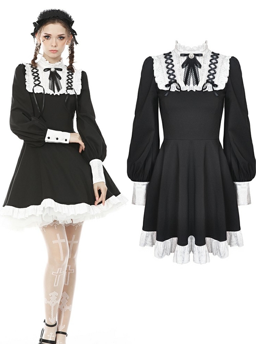 Alternative Rebel Doll Black White Gothic Lolita Long Sleeve Dress
