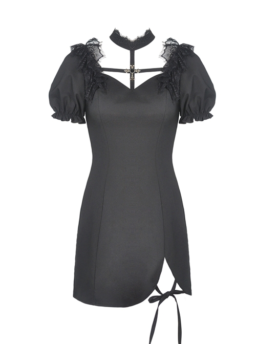 Gothic Black Slim Hem Bubble Short Sleeve Dress