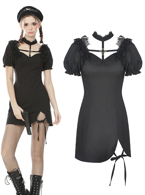 Gothic Black Slim Hem Bubble Short Sleeve Dress