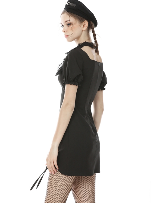 Gothic Black Slim Hem Bubble Short Sleeve Dress