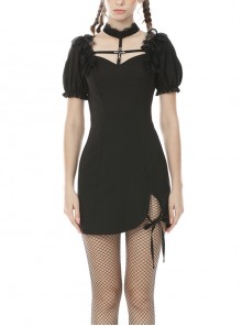 Gothic Black Slim Hem Bubble Short Sleeve Dress