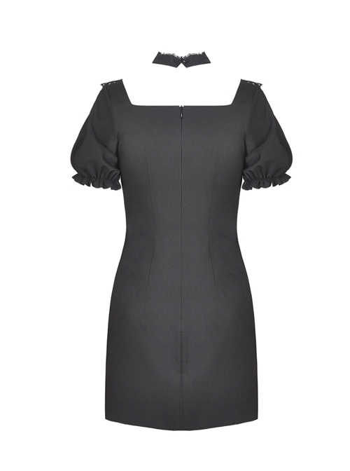 Gothic Black Slim Hem Bubble Short Sleeve Dress