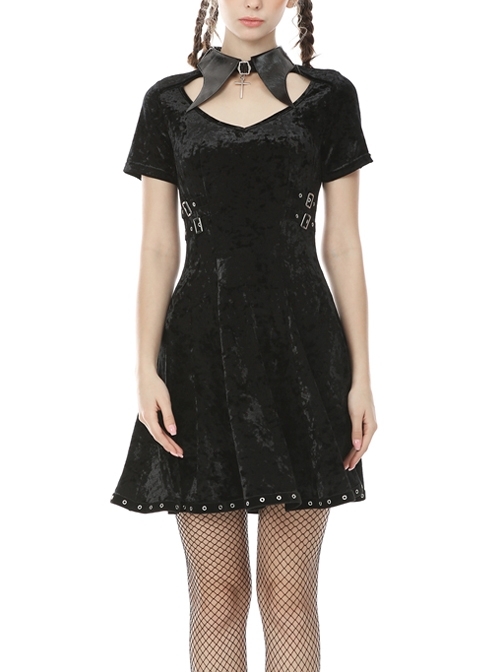 Gothic PU Leather Pointed Collar Black Velvet Short Sleeve Dress