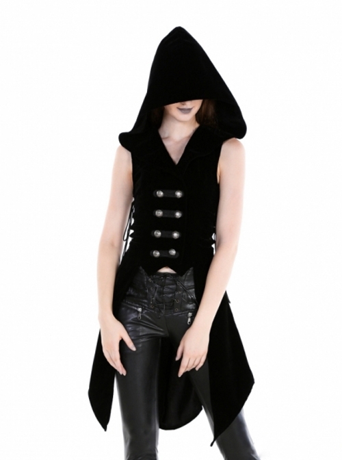 Gothic Black Uniform Style Womens Hooded Long Vest