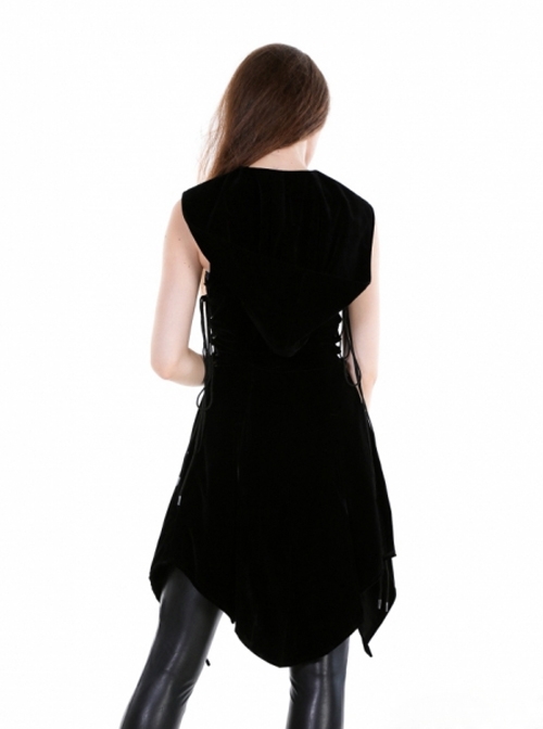 Gothic Black Uniform Style Womens Hooded Long Vest
