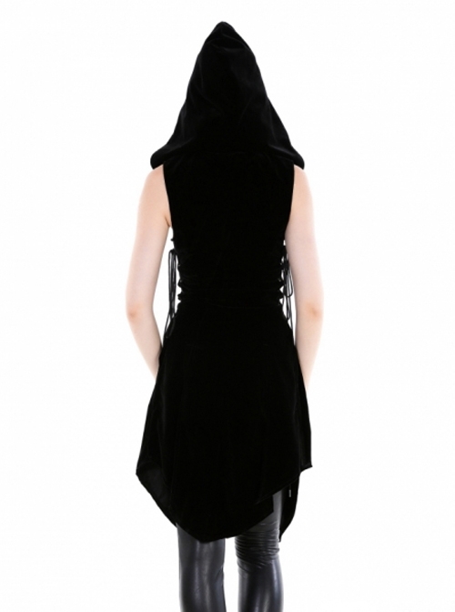 Gothic Black Uniform Style Womens Hooded Long Vest