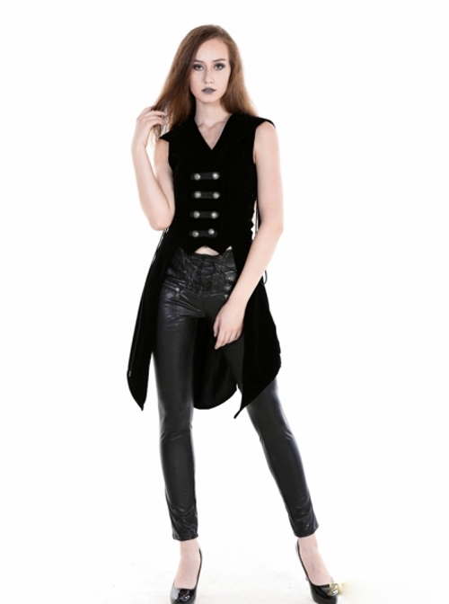 Gothic Black Uniform Style Womens Hooded Long Vest