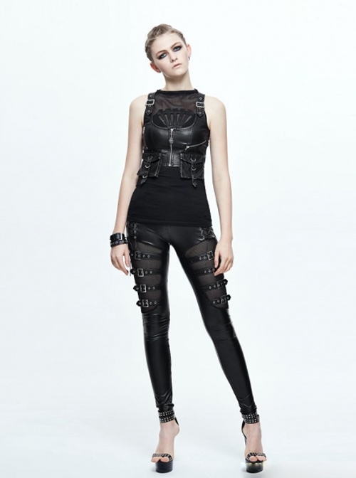 Black PU Pocket Top Short Gothic Womens Vest