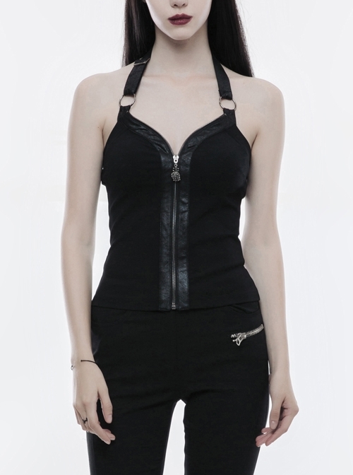 Punk Black Zipper Gothic Womens Hanging Neck Vest