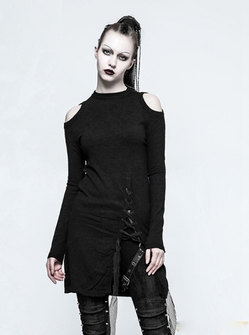 Gothic Black Standing Collar Women's Off-the-shoulder Sweater