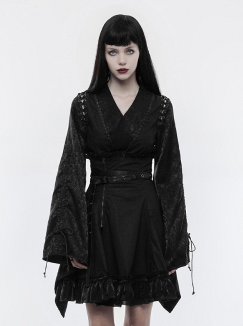 Japanese Style Black Jacquard Women's Gothic Kimono Top