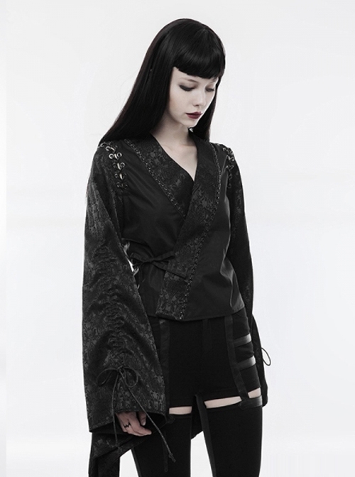 Japanese Style Black Jacquard Women's Gothic Kimono Top