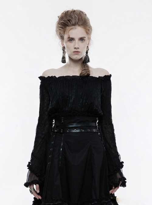 Gothic Black Lolita Women's Boat Neck Long Sleeves T-Shirt
