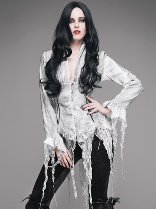Punk Retro Slim Shirt Long Sleeve Deep V-neck Tassel White Inkjet Gothic top
