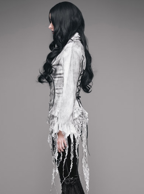 Punk Retro Slim Shirt Long Sleeve Deep V-neck Tassel White Inkjet Gothic top