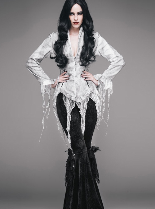 Punk Retro Slim Shirt Long Sleeve Deep V-neck Tassel White Inkjet Gothic top