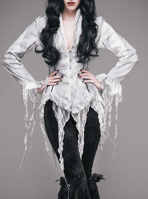 Punk Retro Slim Shirt Long Sleeve Deep V-neck Tassel White Inkjet Gothic top