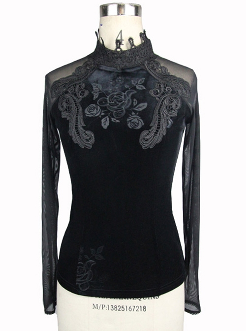 Gothic Slim High Collar Delicate Lace Embroidery Black Transparent Long Sleeve Shirt