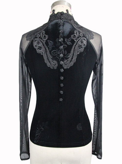 Gothic Slim High Collar Delicate Lace Embroidery Black Transparent Long Sleeve Shirt