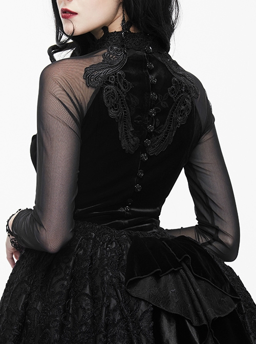 Gothic Slim High Collar Delicate Lace Embroidery Black Transparent Long Sleeve Shirt