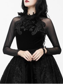 Gothic Slim High Collar Delicate Lace Embroidery Black Transparent Long Sleeve Shirt