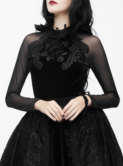 Gothic Slim High Collar Delicate Lace Embroidery Black Transparent Long Sleeve Shirt