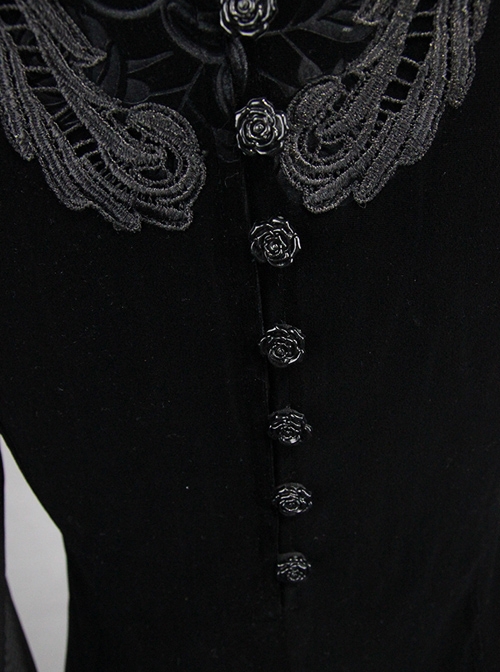 Gothic Slim High Collar Delicate Lace Embroidery Black Transparent Long Sleeve Shirt