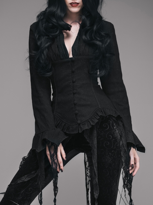 Punk Retro Black Slim Shirt Deep V-neck Tassel Long Sleeve Gothic top