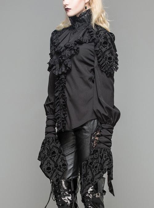 Gothic Black High Collar Ruffle Partial Skull Printing Long Sleeve Shirt