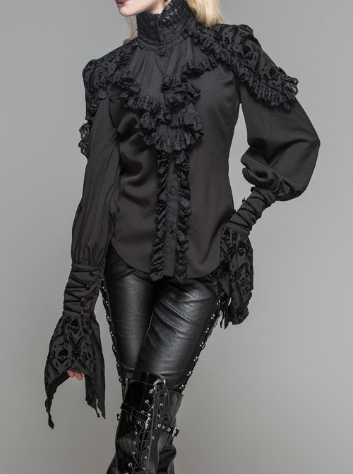 Gothic Black High Collar Ruffle Partial Skull Printing Long Sleeve Shirt