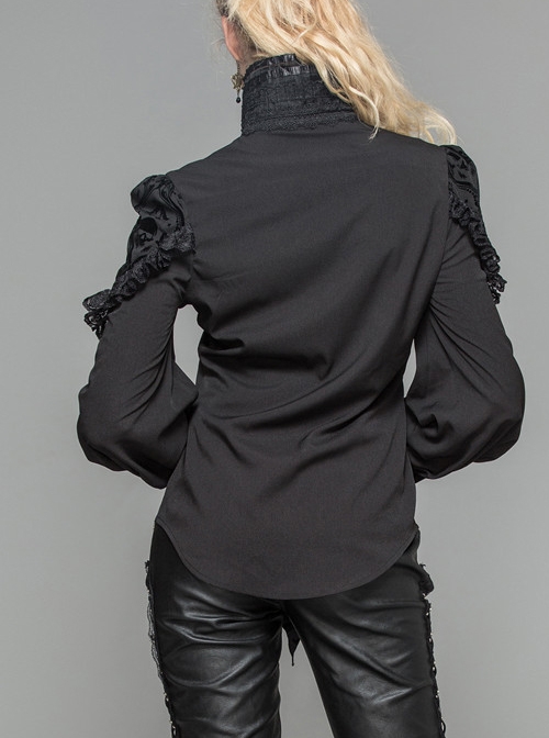 Gothic Black High Collar Ruffle Partial Skull Printing Long Sleeve Shirt