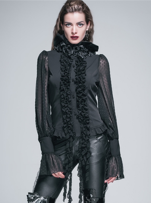 Gothic Punk Black Chiffon Flower High Collar Ruffle Long Sleeve Shirt