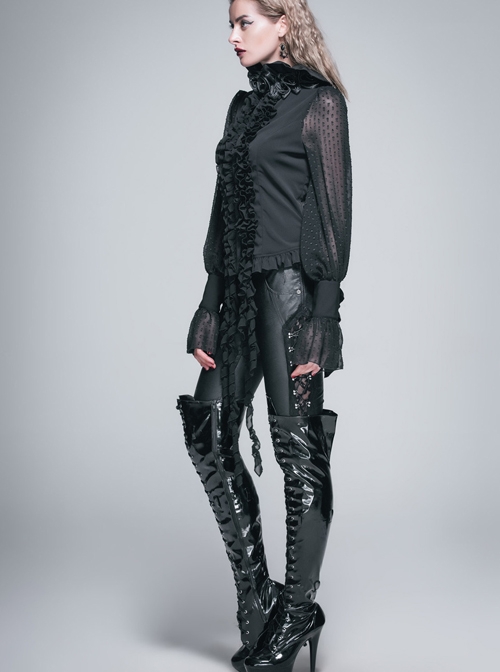 Gothic Punk Black Chiffon Flower High Collar Ruffle Long Sleeve Shirt