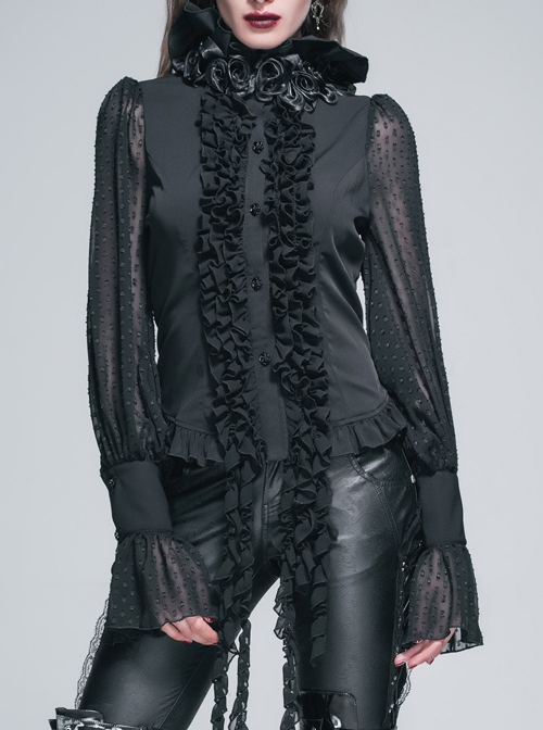 Gothic Punk Black Chiffon Flower High Collar Ruffle Long Sleeve Shirt