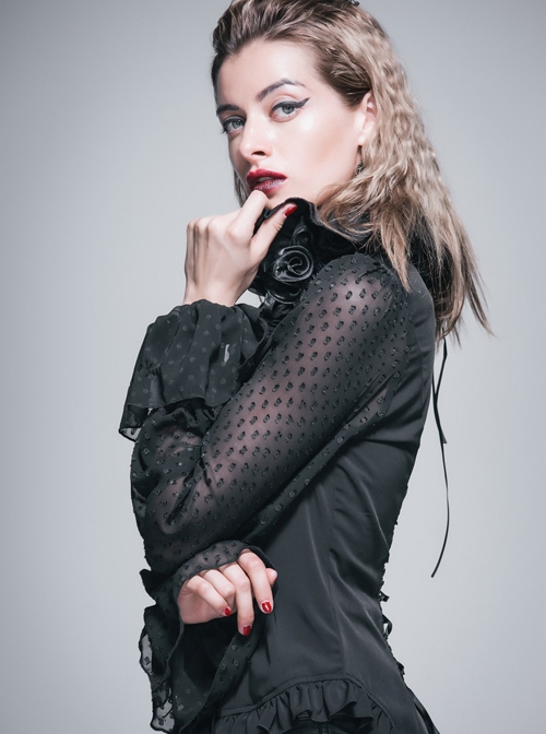 Gothic Punk Black Chiffon Flower High Collar Ruffle Long Sleeve Shirt