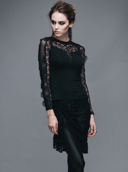 Gothic Black Slim Lace Embroidery Stitching Long Sleeve Shirt