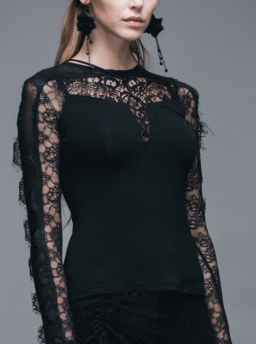 Gothic Black Slim Lace Embroidery Stitching Long Sleeve Shirt