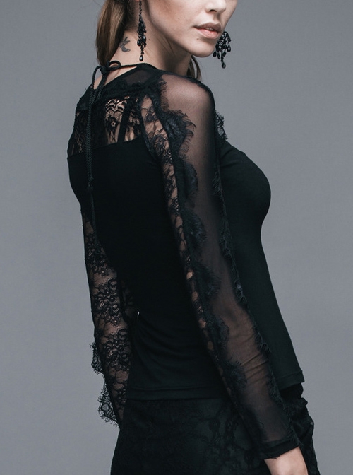 Gothic Black Slim Lace Embroidery Stitching Long Sleeve Shirt