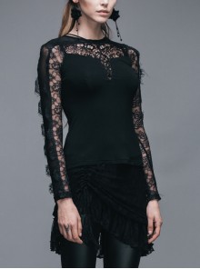 Gothic Black Slim Lace Embroidery Stitching Long Sleeve Shirt
