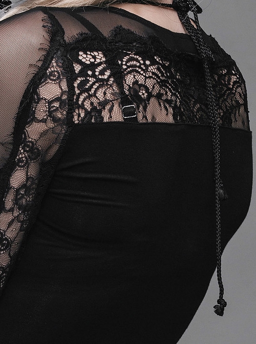 Gothic Black Slim Lace Embroidery Stitching Long Sleeve Shirt