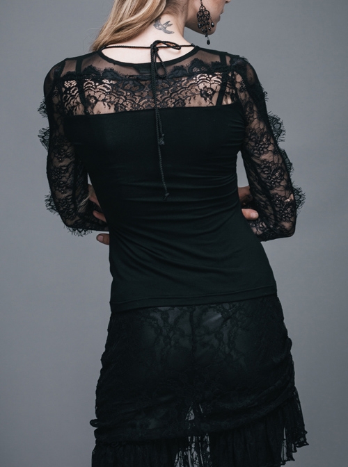 Gothic Black Slim Lace Embroidery Stitching Long Sleeve Shirt