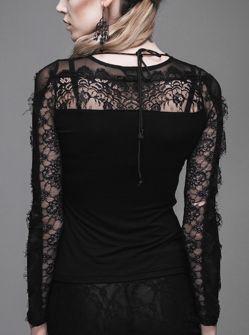 Gothic Black Slim Lace Embroidery Stitching Long Sleeve Shirt